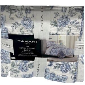 Tahari Blue, White and Green Cotton Reversible King Quilt Set 106”x92”